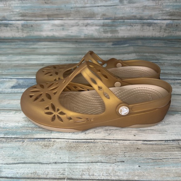Crocs Isabella Size 8 Mary Jane Clogs Wedge Gold Slip On Shoes Womens - Picture 1 of 8